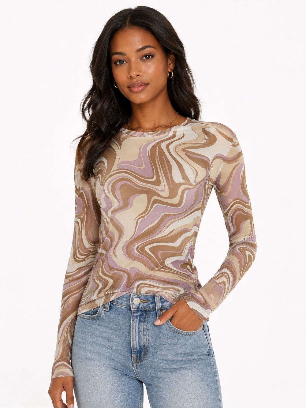AFRM Los Angeles Swirl Mesh Long Sleeve Top Neutral Print Large